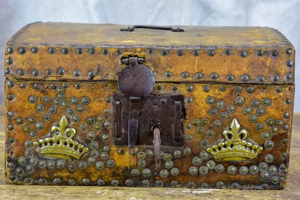 17th Century leather and wooden storage chest with key
