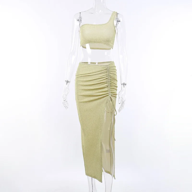 Amozae Drawstring Skirt Two Piece Set Women Matching Set Outfits   Summer   Sleeveless Cropped And Skirt   Set