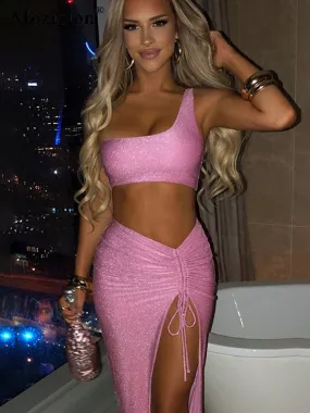 Amozae Drawstring Skirt Two Piece Set Women Matching Set Outfits   Summer   Sleeveless Cropped And Skirt   Set