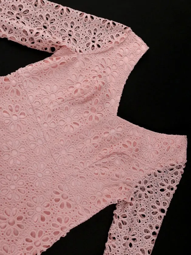 AOMEIDRESS Floral Lace Dress V Neck Hollow Out Long Flare Sleeve Slim