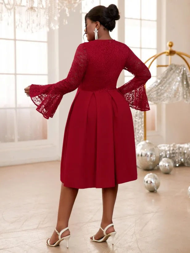 AOMEIDRESS Lace Patchwork A-Line Dress O Neck Bowite Flare Sleeves