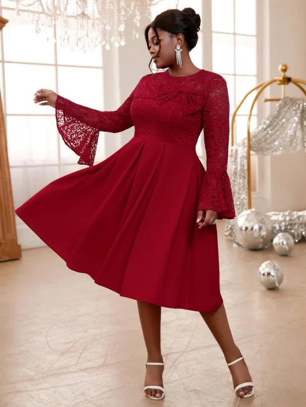 AOMEIDRESS Lace Patchwork A-Line Dress O Neck Bowite Flare Sleeves