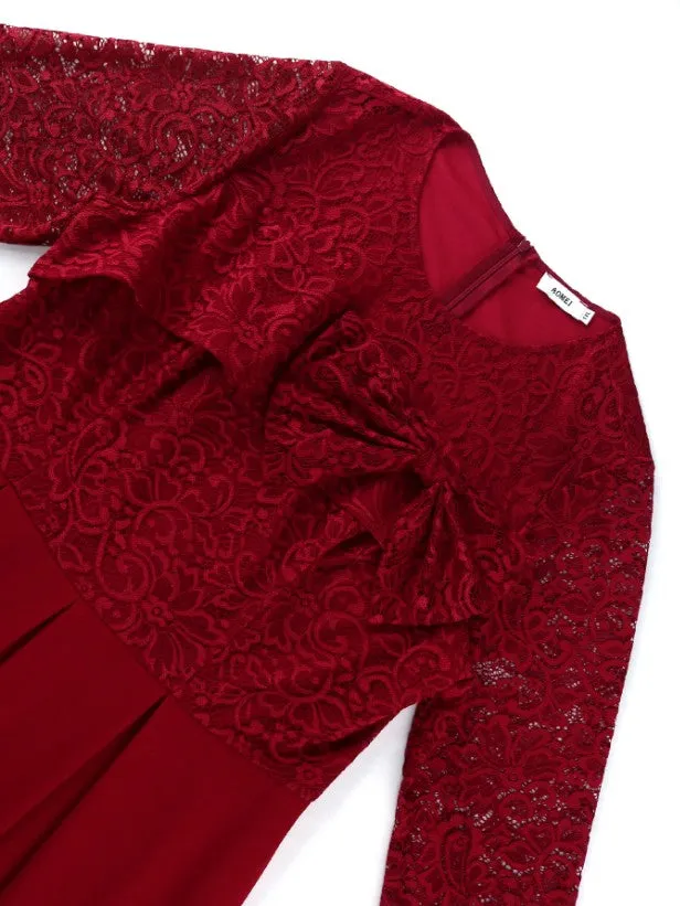 AOMEIDRESS Lace Patchwork A-Line Dress O Neck Bowite Flare Sleeves