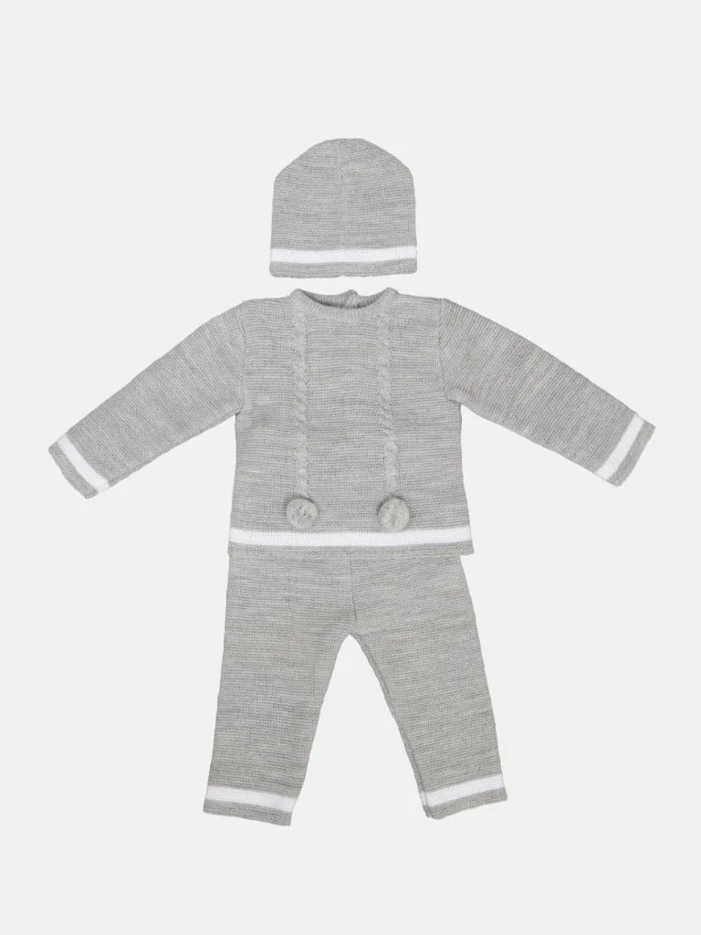 Baby Boy Luis Collection 3-piece  Knitted Set with Pom-poms-Grey