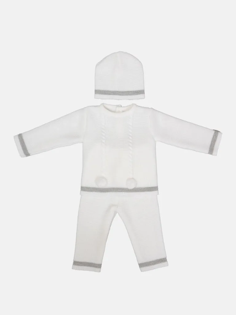 Baby Boy Luis Collection 3-piece Knitted Set with Pom-poms-White