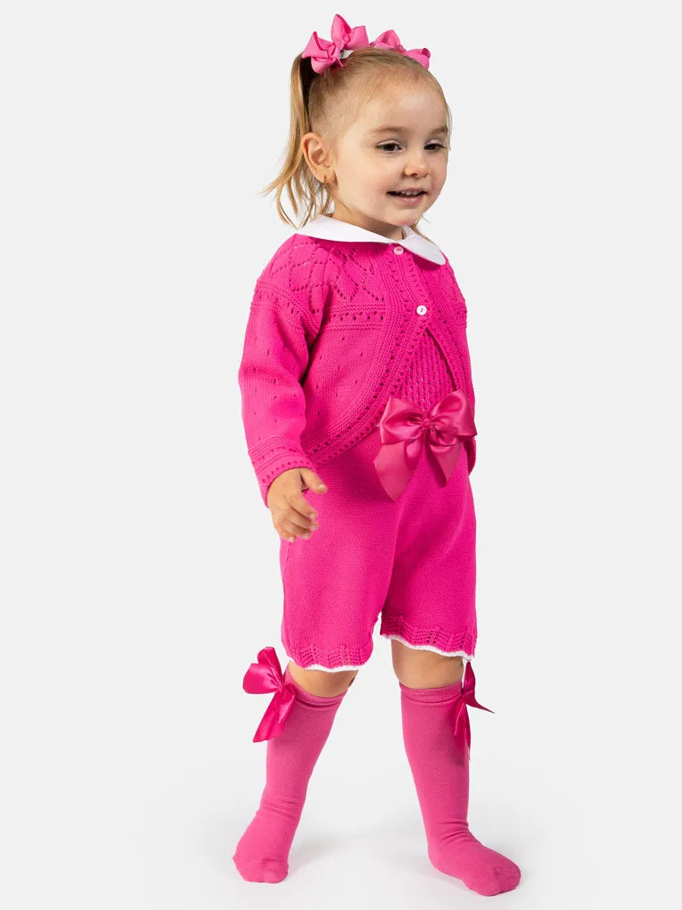 Baby Girl Lily Collection 3-piece Spanish Knitted Set- Fuchsia Pink