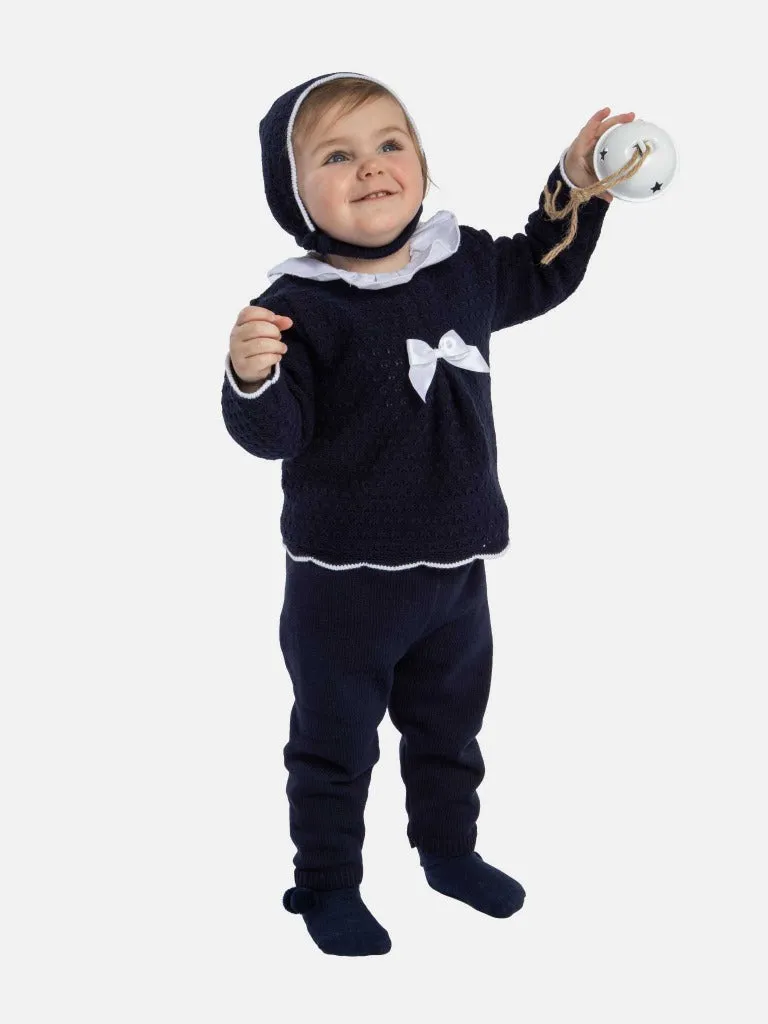 Baby Girl Mia Collection 3-piece Knitted Set with Bow and Bonnet-Navy Blue