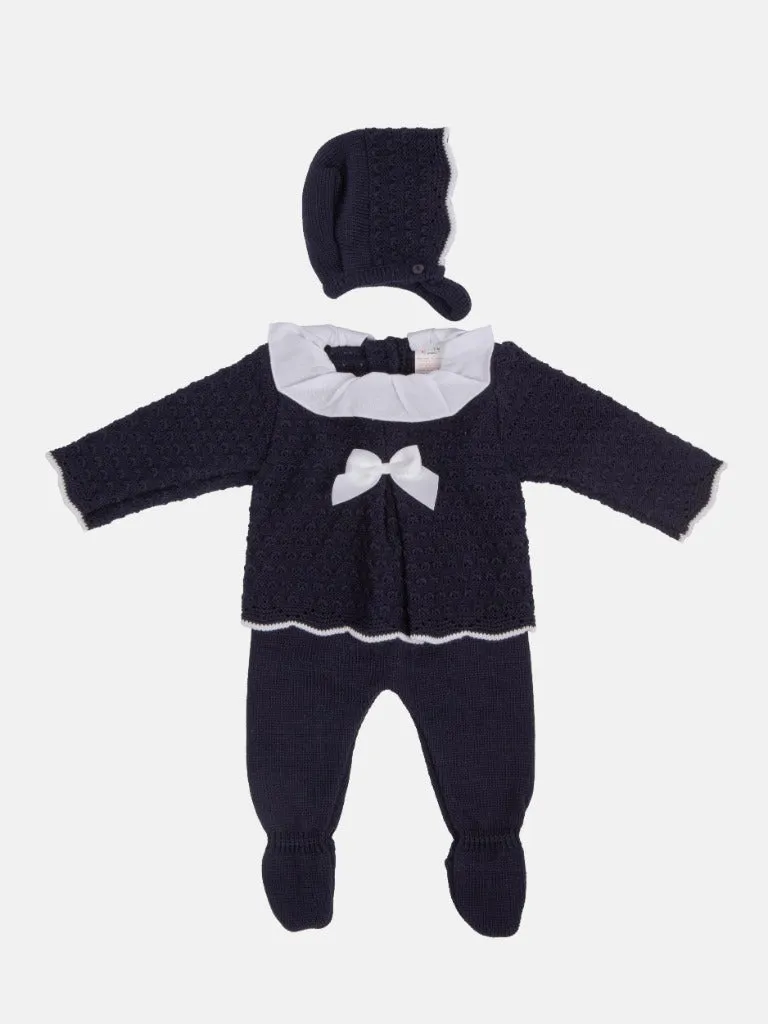 Baby Girl Mia Collection 3-piece Knitted Set with Bow and Bonnet-Navy Blue