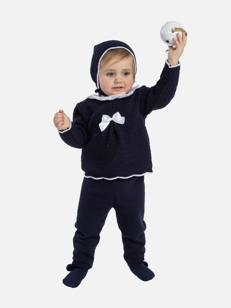 Baby Girl Mia Collection 3-piece Knitted Set with Bow and Bonnet-Navy Blue