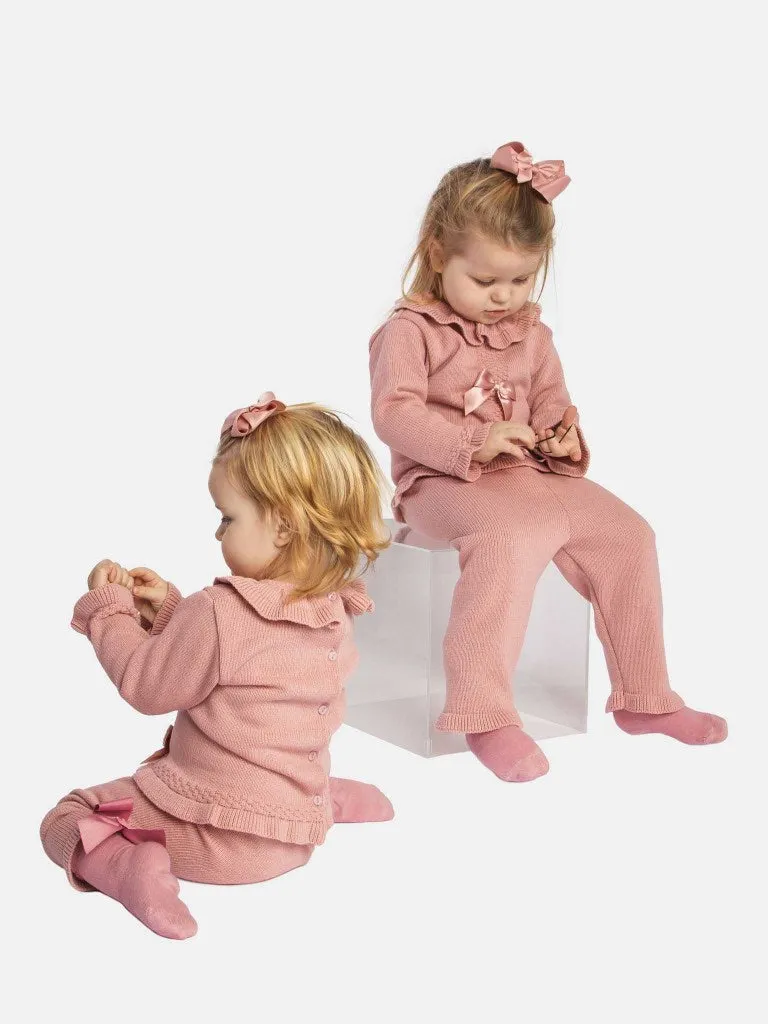 Baby Girl Rosabella Collection 3-piece Knitted Set with Bows and Bonnet-Dusty Pink