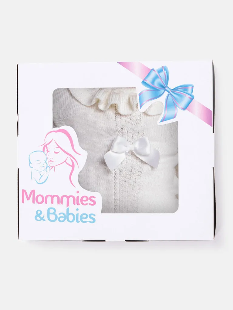 Baby Girl Rosabella Collection 3-piece Knitted Set with Bows and Bonnet-White