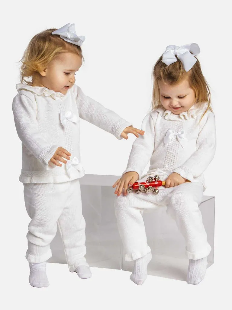 Baby Girl Rosabella Collection 3-piece Knitted Set with Bows and Bonnet-White