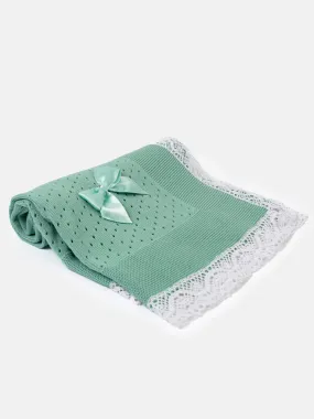Baby Open Dot Knitted Spanish Blanket with Bow - Mint GREEN