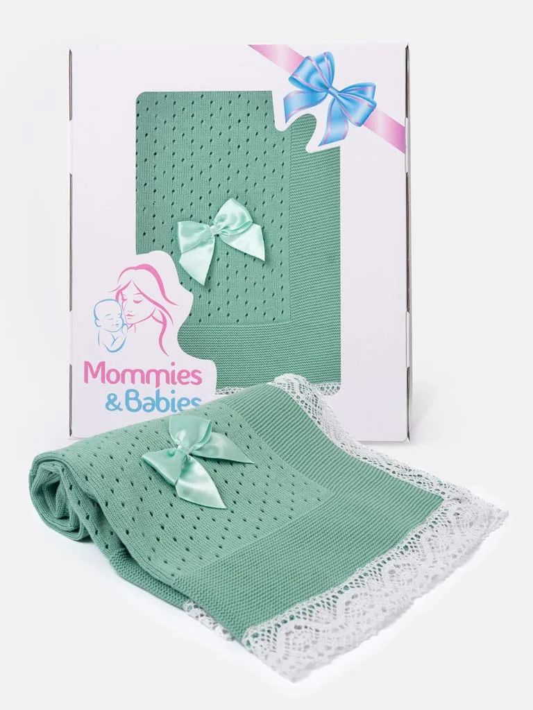 Baby Open Dot Knitted Spanish Blanket with Bow - Mint GREEN