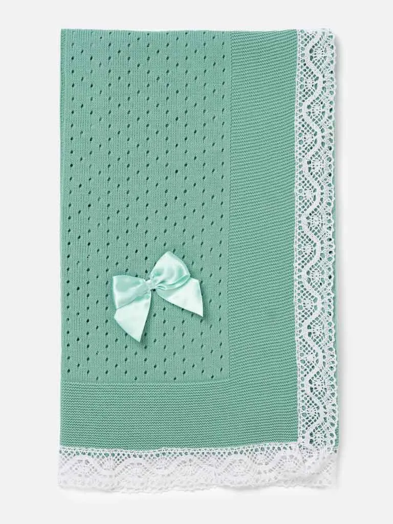Baby Open Dot Knitted Spanish Blanket with Bow - Mint GREEN