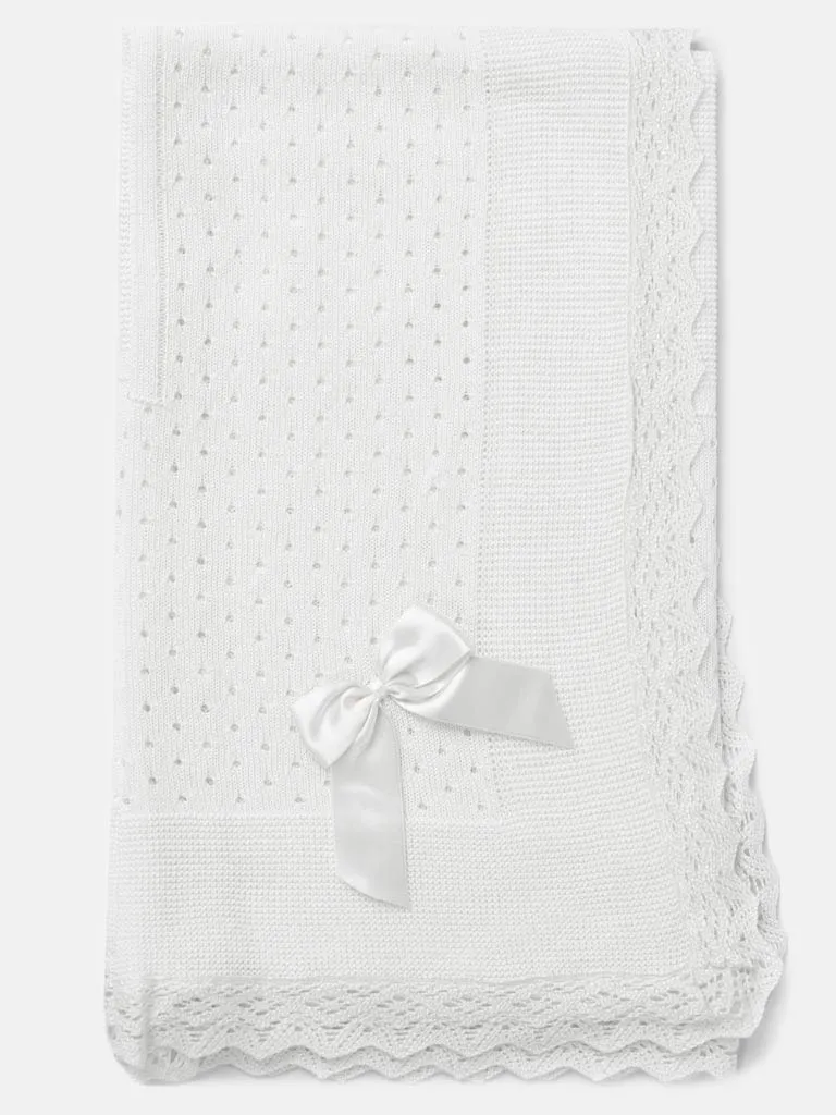Baby Open Dot Knitted Spanish Blanket with Bow-White