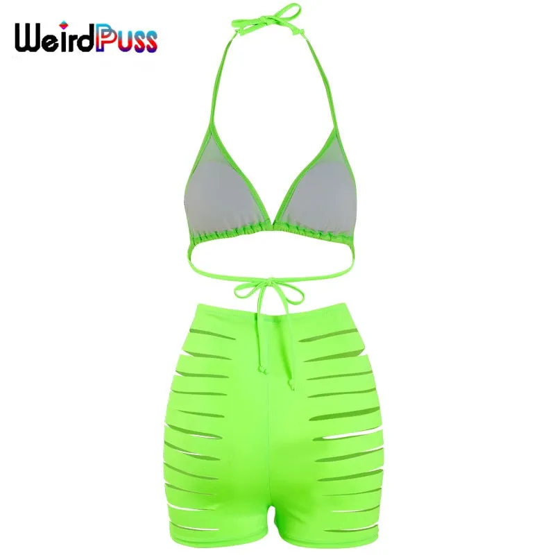 Beach Trendy Two-Piece Suit Women Halter Bikini Hollow Biker Shorts Summer Solid Fashion Bandage Party Clubwear