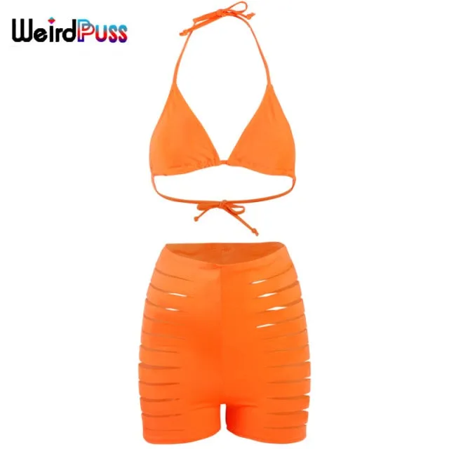 Beach Trendy Two-Piece Suit Women Halter Bikini Hollow Biker Shorts Summer Solid Fashion Bandage Party Clubwear