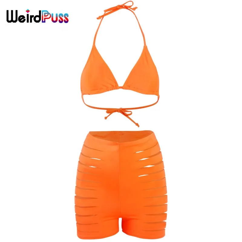 Beach Trendy Two-Piece Suit Women Halter Bikini Hollow Biker Shorts Summer Solid Fashion Bandage Party Clubwear