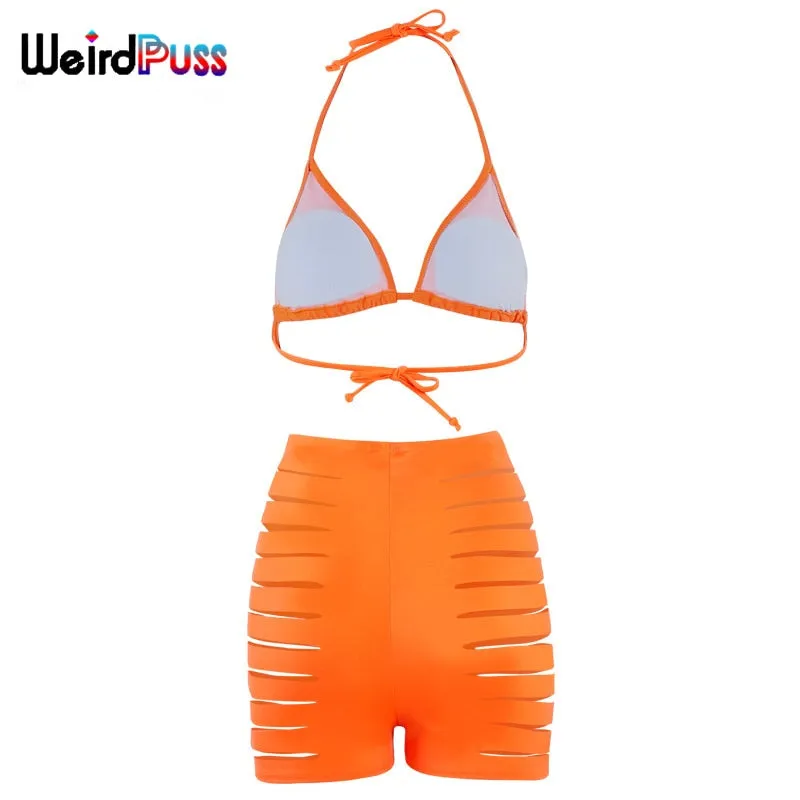 Beach Trendy Two-Piece Suit Women Halter Bikini Hollow Biker Shorts Summer Solid Fashion Bandage Party Clubwear