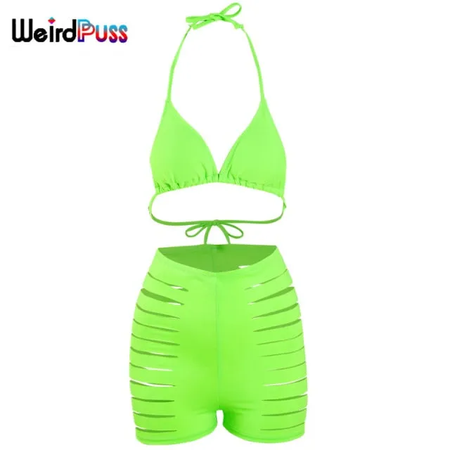 Beach Trendy Two-Piece Suit Women Halter Bikini Hollow Biker Shorts Summer Solid Fashion Bandage Party Clubwear