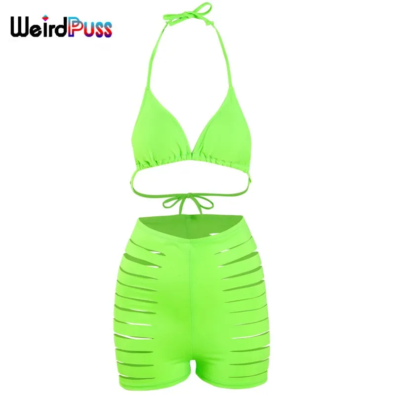 Beach Trendy Two-Piece Suit Women Halter Bikini Hollow Biker Shorts Summer Solid Fashion Bandage Party Clubwear