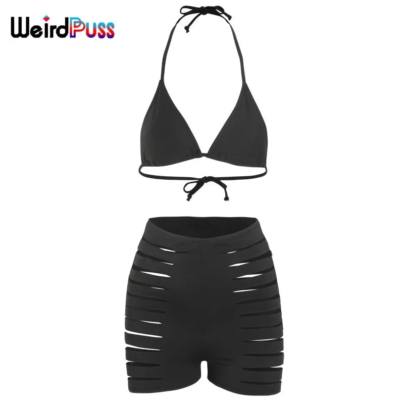 Beach Trendy Two-Piece Suit Women Halter Bikini Hollow Biker Shorts Summer Solid Fashion Bandage Party Clubwear