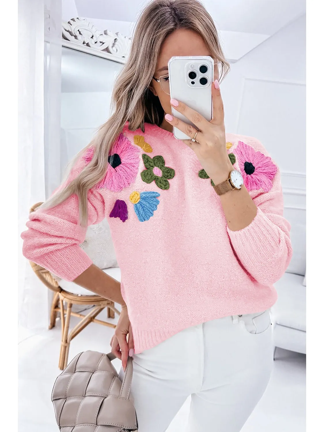 Beige 60s Flower Pattern Knitted Sweater