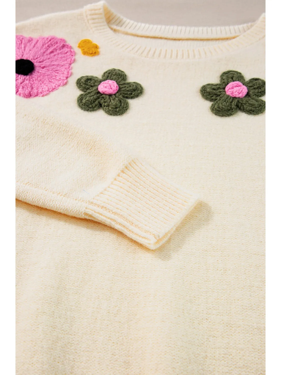 Beige 60s Flower Pattern Knitted Sweater