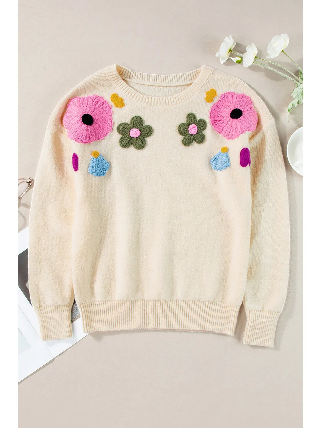 Beige 60s Flower Pattern Knitted Sweater