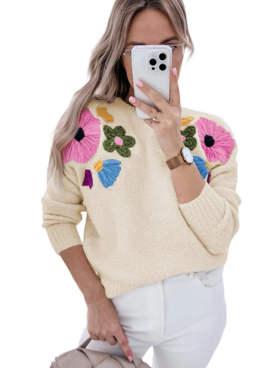 Beige 60s Flower Pattern Knitted Sweater