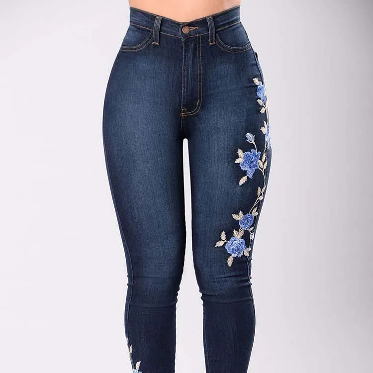 Blue High Waist Jeans Flower Slim-Fit Pants