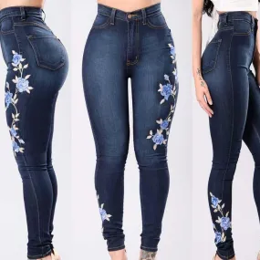Blue High Waist Jeans Flower Slim-Fit Pants