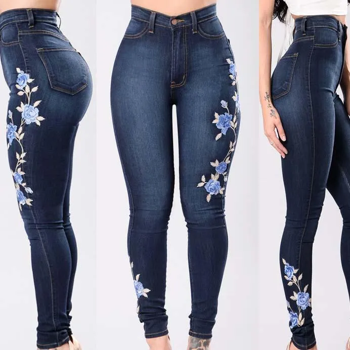 Blue High Waist Jeans Flower Slim-Fit Pants