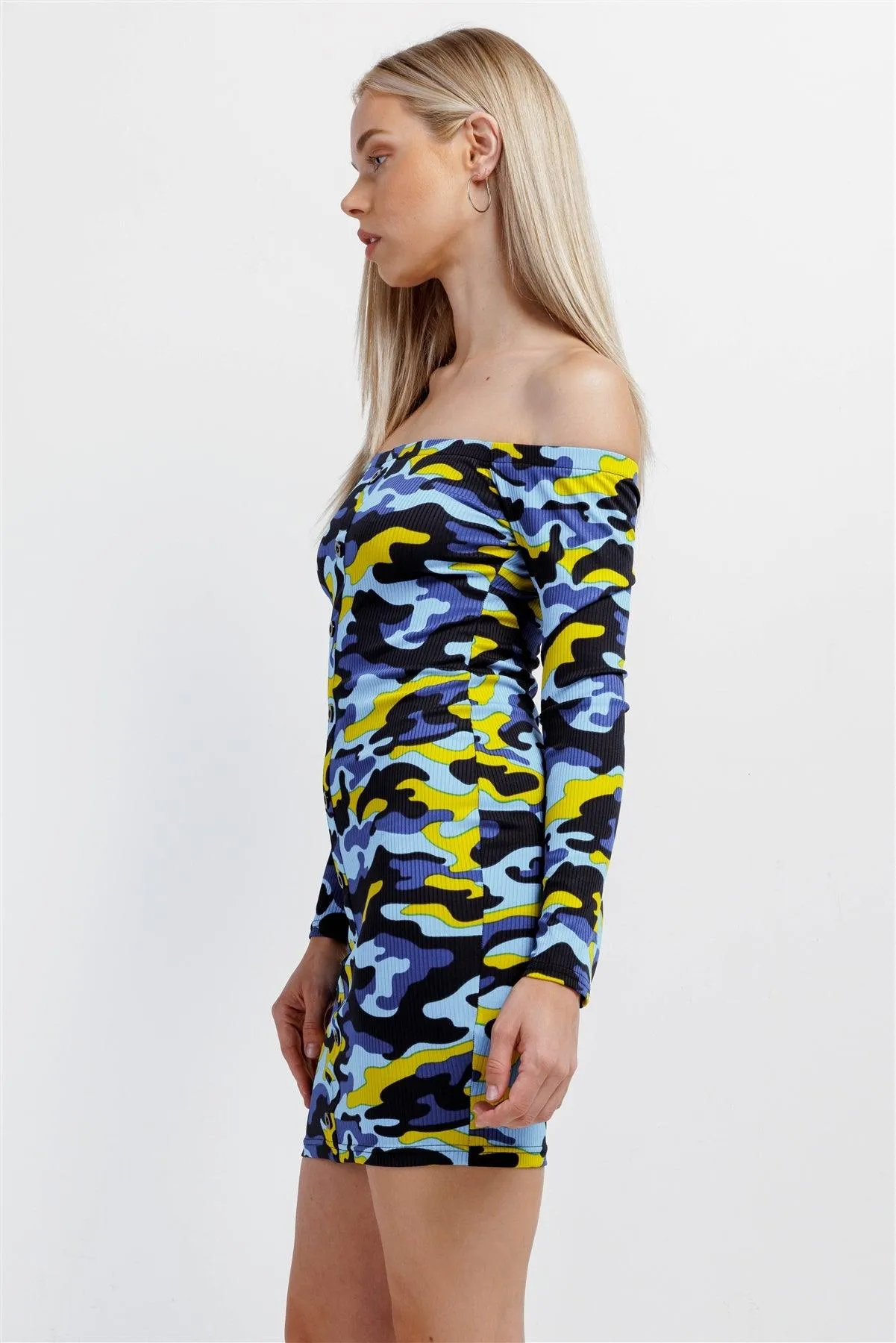 Blue Multicolor Camo Ribbed Off-The-Shoulder Button Down Bodycon Mini Dress /1-2-2