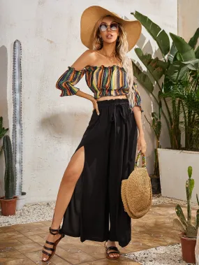 Boho Plain Paper Bag Waist High Waist Long Women Pants