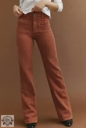 Brown High Waist Square Pockets Corduroy Pants