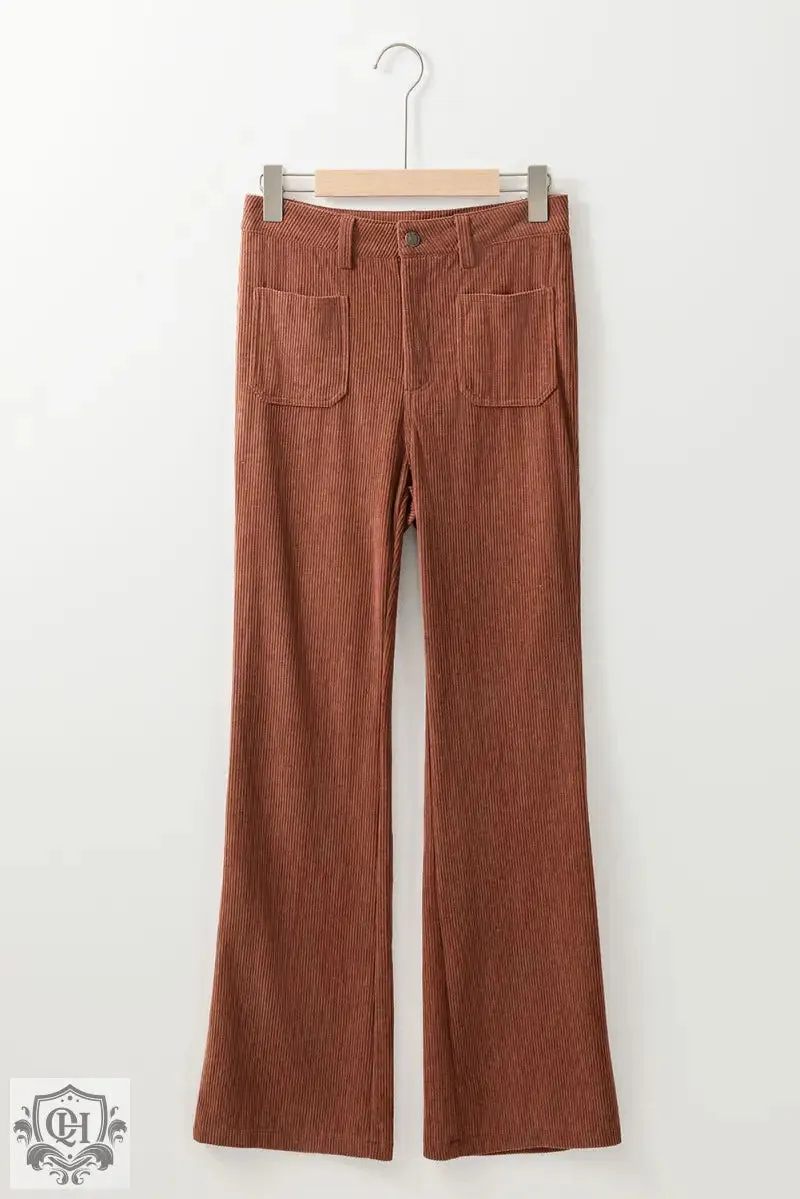 Brown High Waist Square Pockets Corduroy Pants