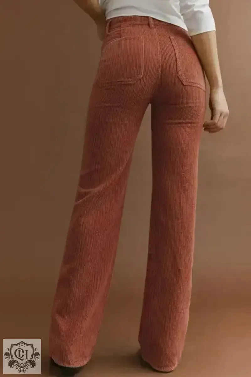 Brown High Waist Square Pockets Corduroy Pants
