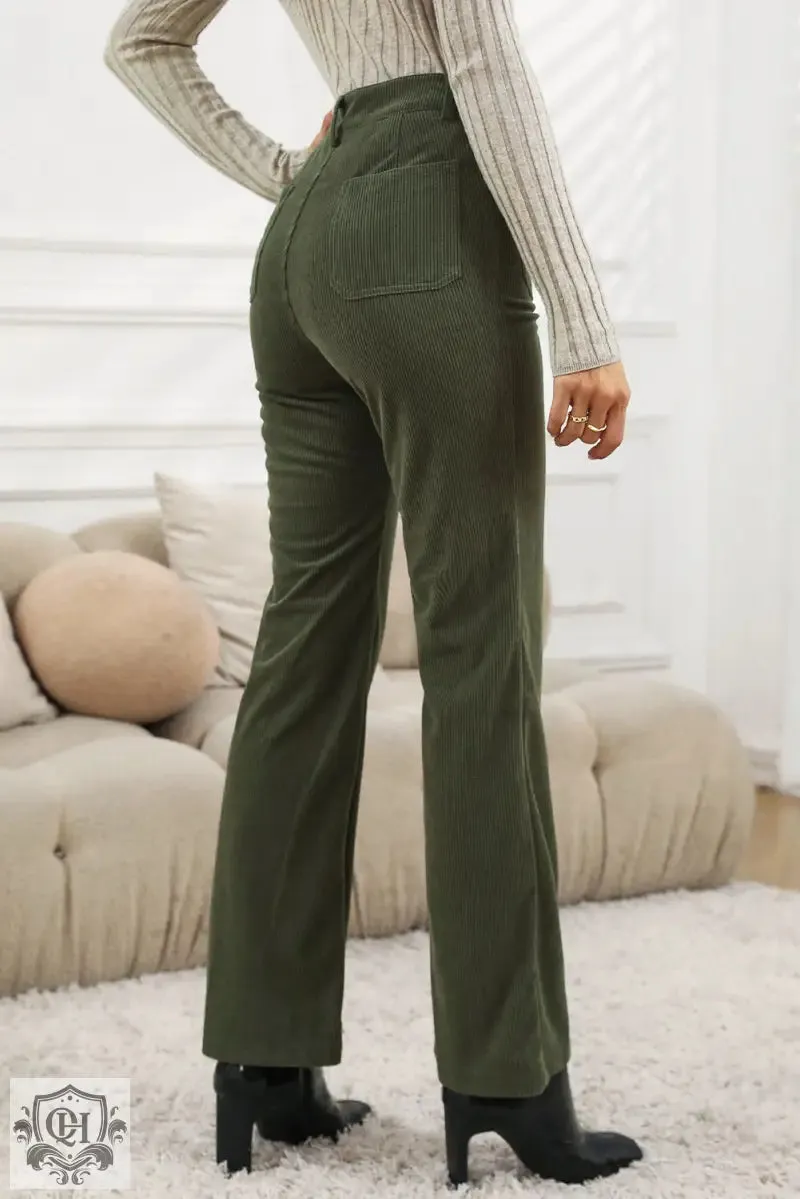 Brown High Waist Square Pockets Corduroy Pants