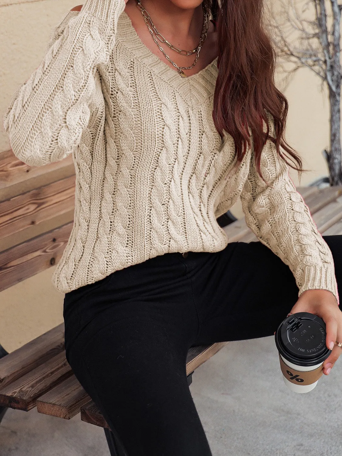 Cable-Knit V-Neck Cold Shoulder Sweater