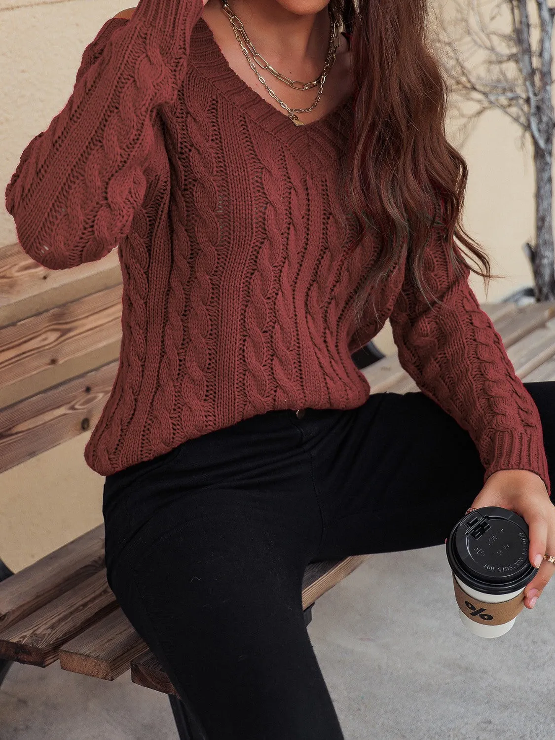 Cable-Knit V-Neck Cold Shoulder Sweater
