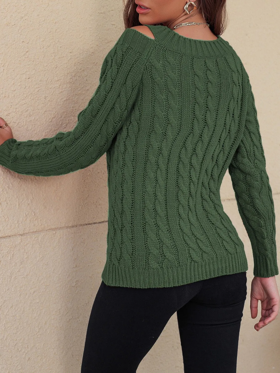 Cable-Knit V-Neck Cold Shoulder Sweater