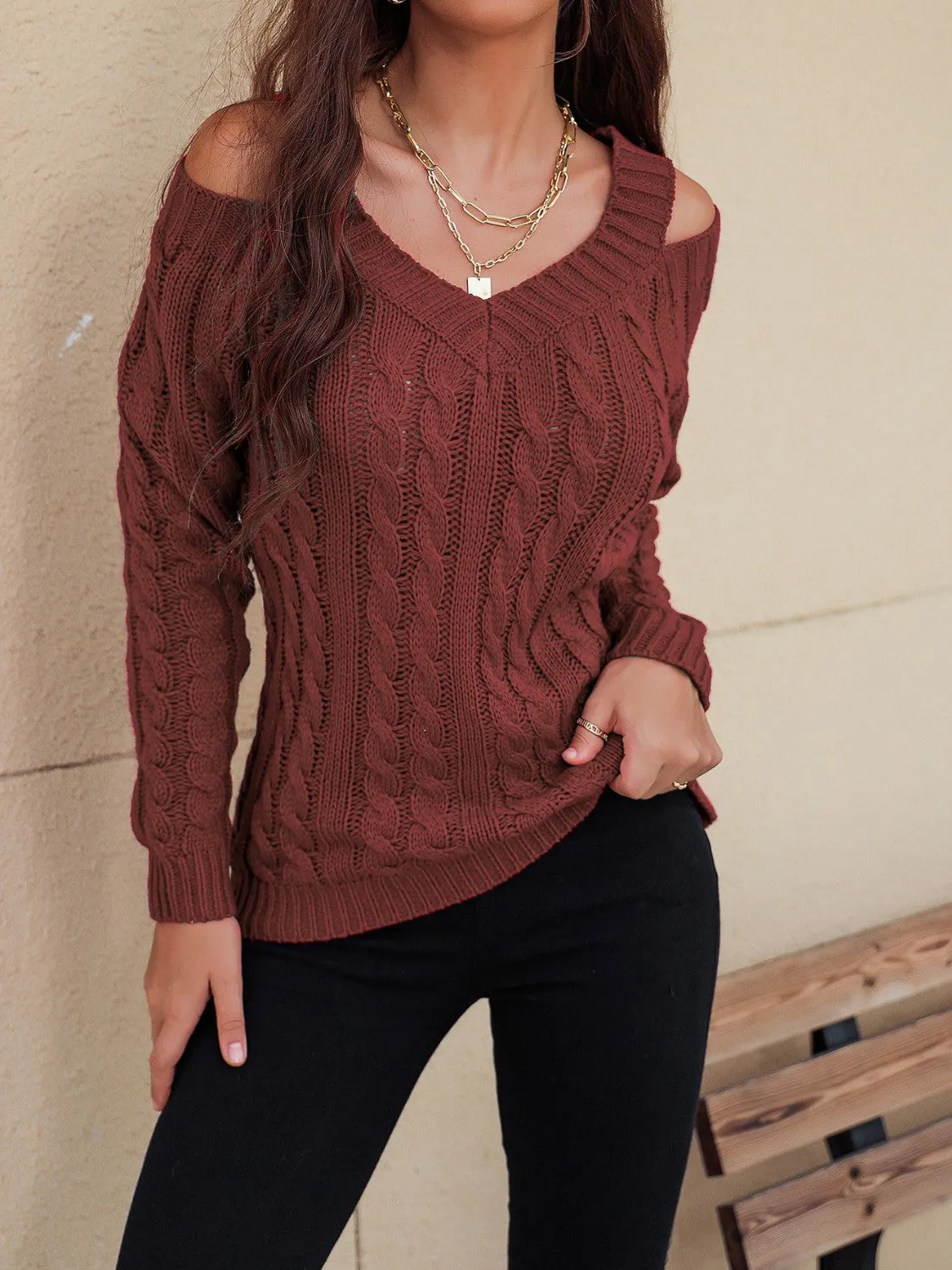 Cable-Knit V-Neck Cold Shoulder Sweater