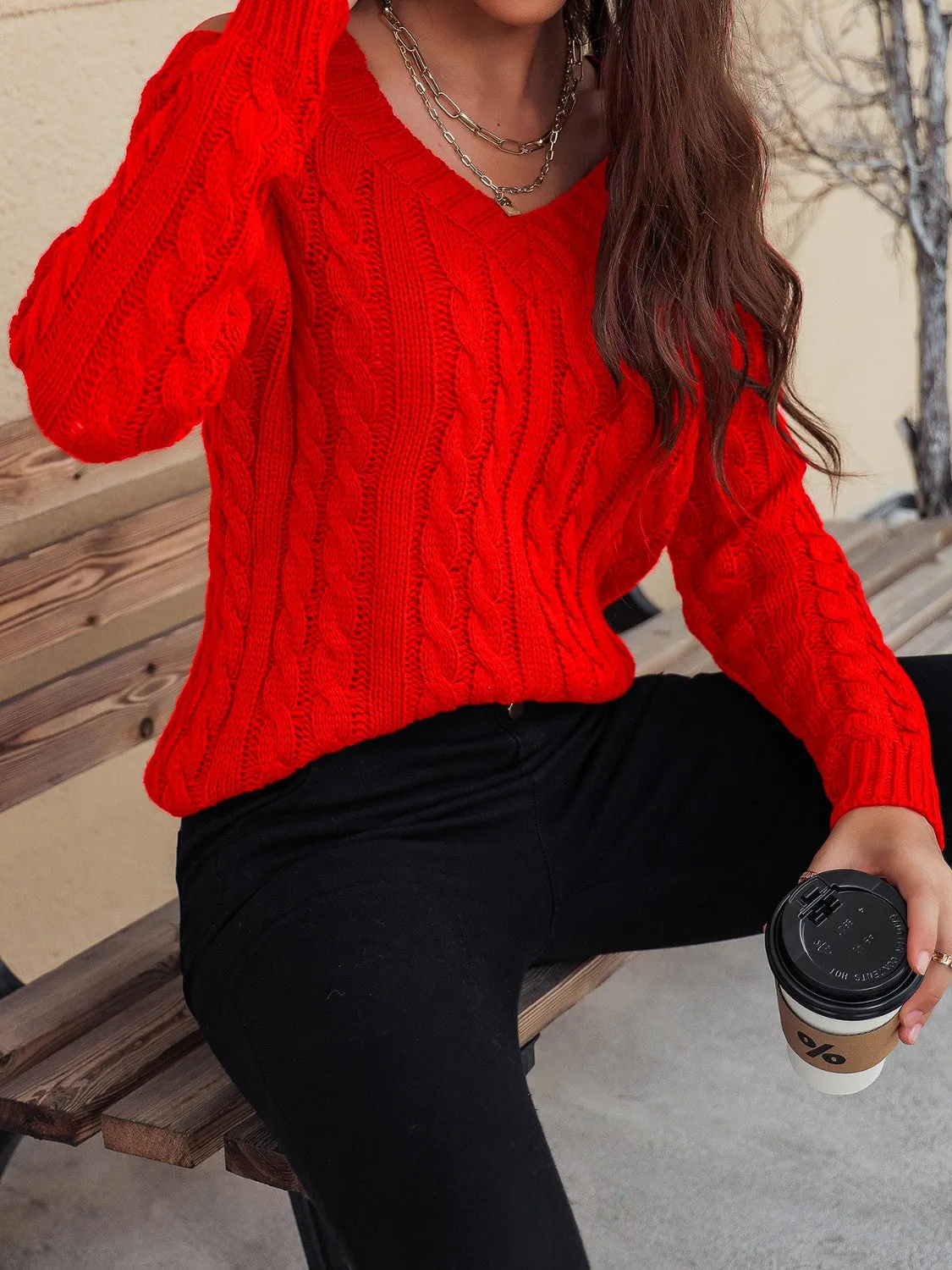 Cable-Knit V-Neck Cold Shoulder Sweater