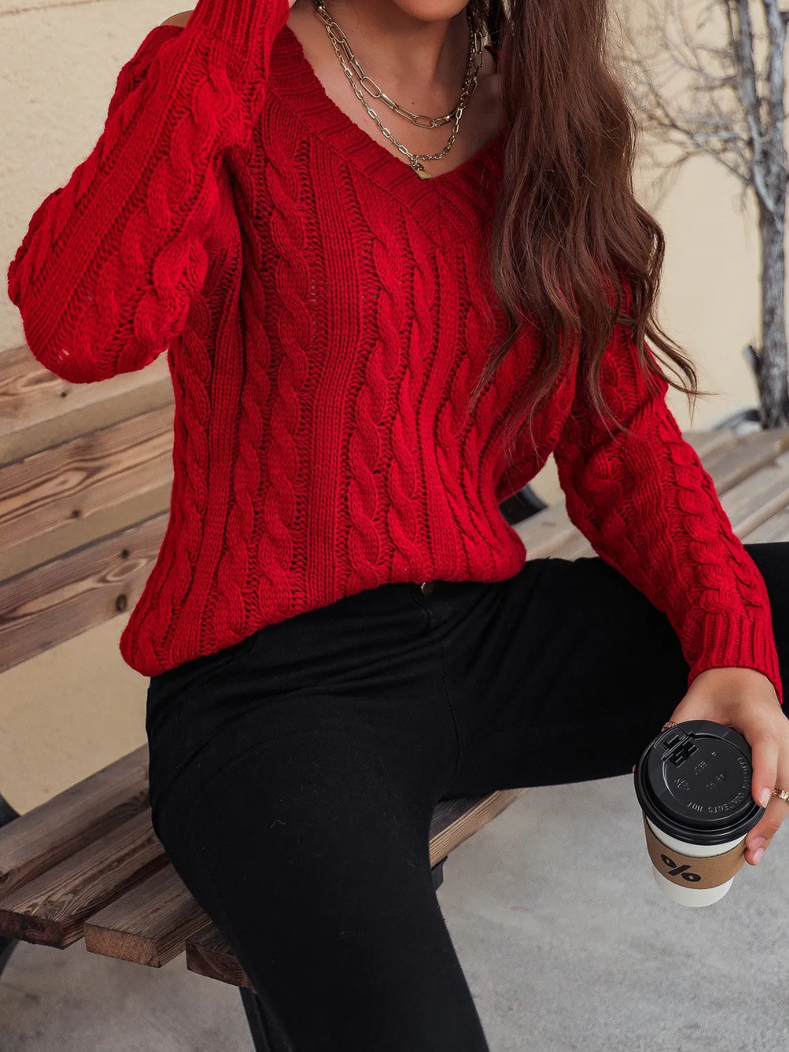 Cable-Knit V-Neck Cold Shoulder Sweater