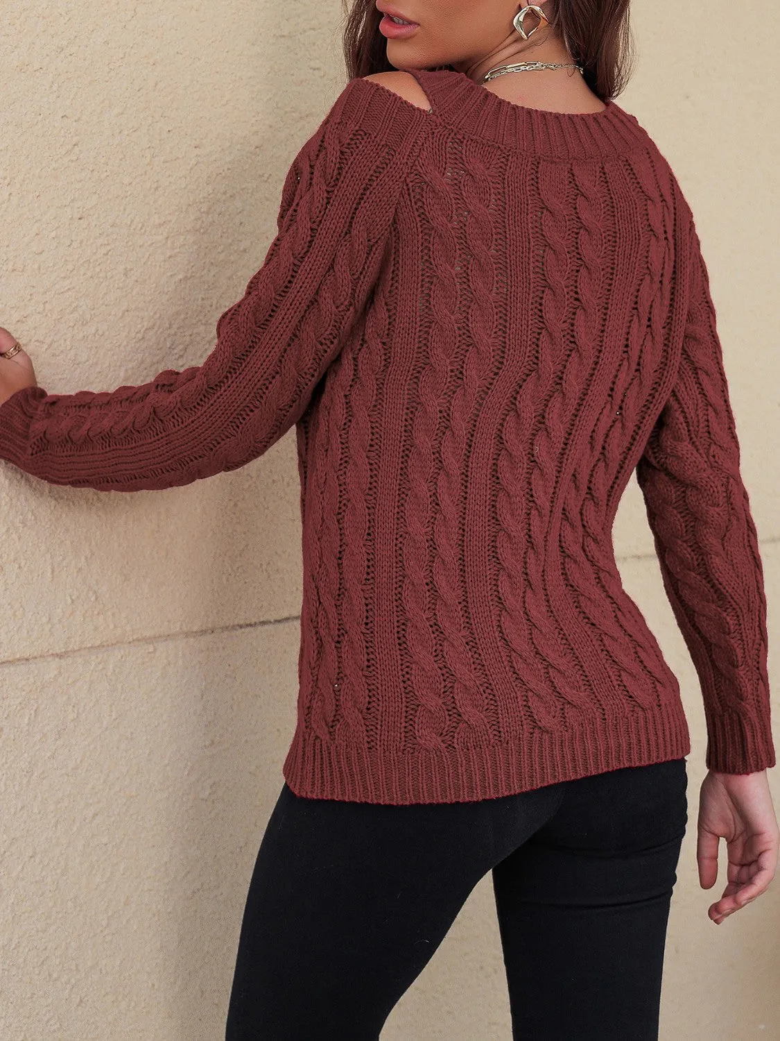 Cable-Knit V-Neck Cold Shoulder Sweater