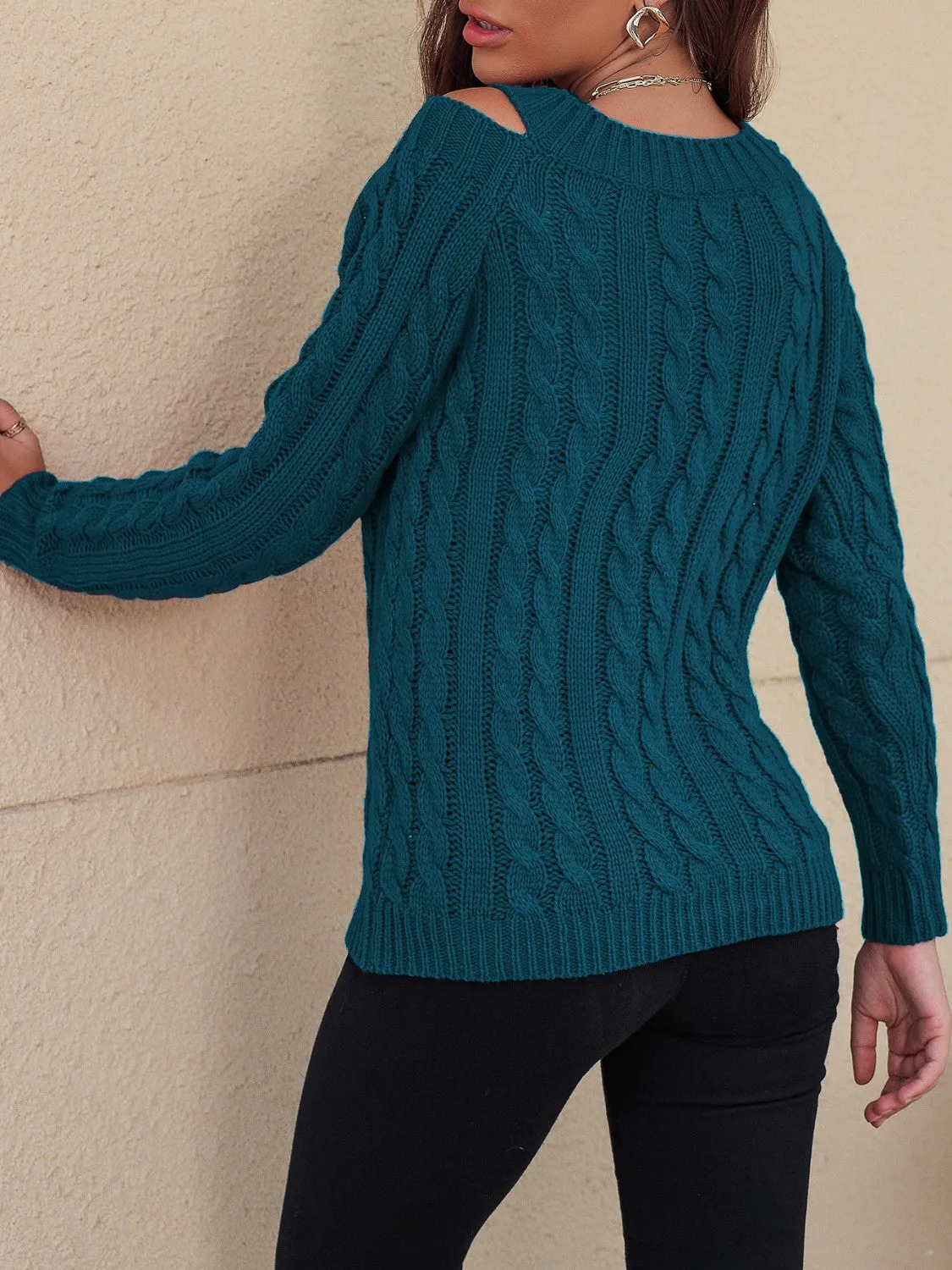 Cable-Knit V-Neck Cold Shoulder Sweater