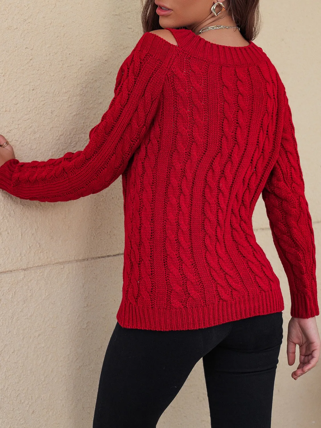 Cable-Knit V-Neck Cold Shoulder Sweater
