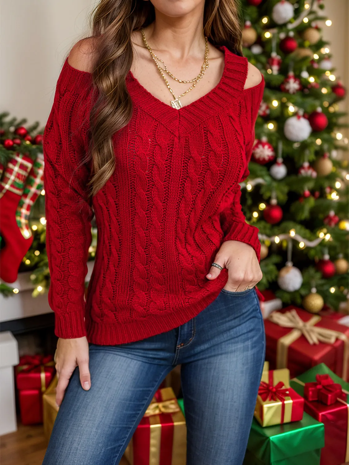 Cable-Knit V-Neck Cold Shoulder Sweater